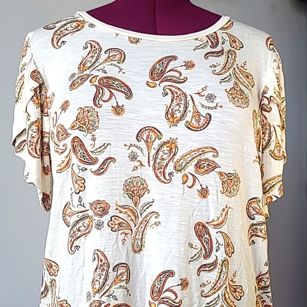 Paisley Print Tulip Sleeve Top -LLR Olive